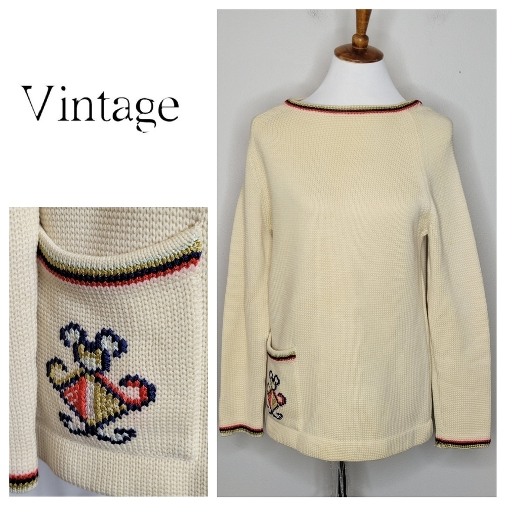Vintage Cream Embroidered Pocket Knit Sweater Women's